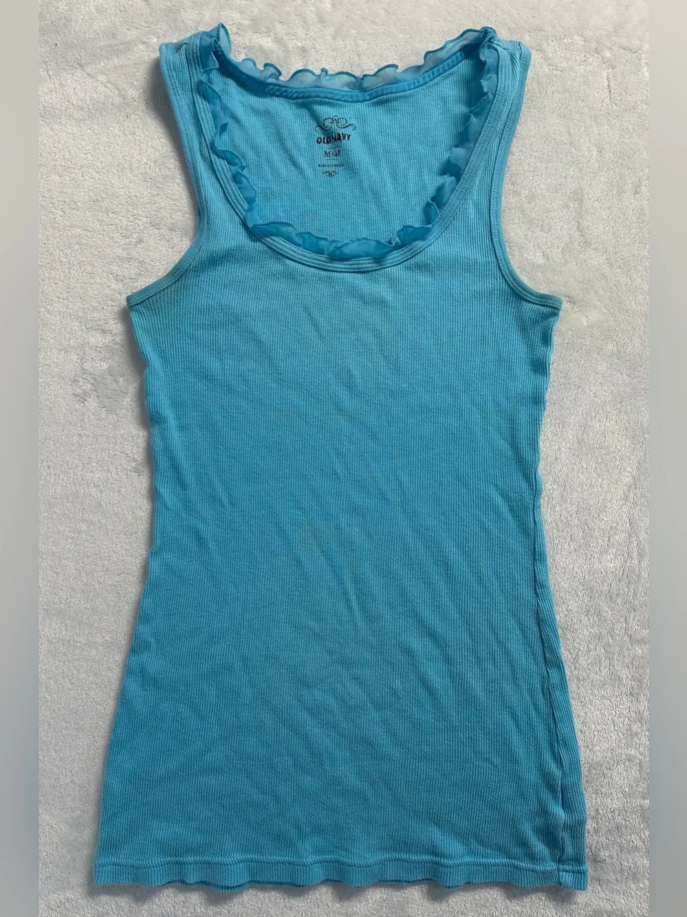 Y2K OLD NAVY women's blue frilly trim ribbed tank, M. - Picture 2 of 5